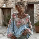 Women's Vintage Pink Rose Embroidery Art Round Neck Long Sleeve Linen Blend T-shirt - Image 6