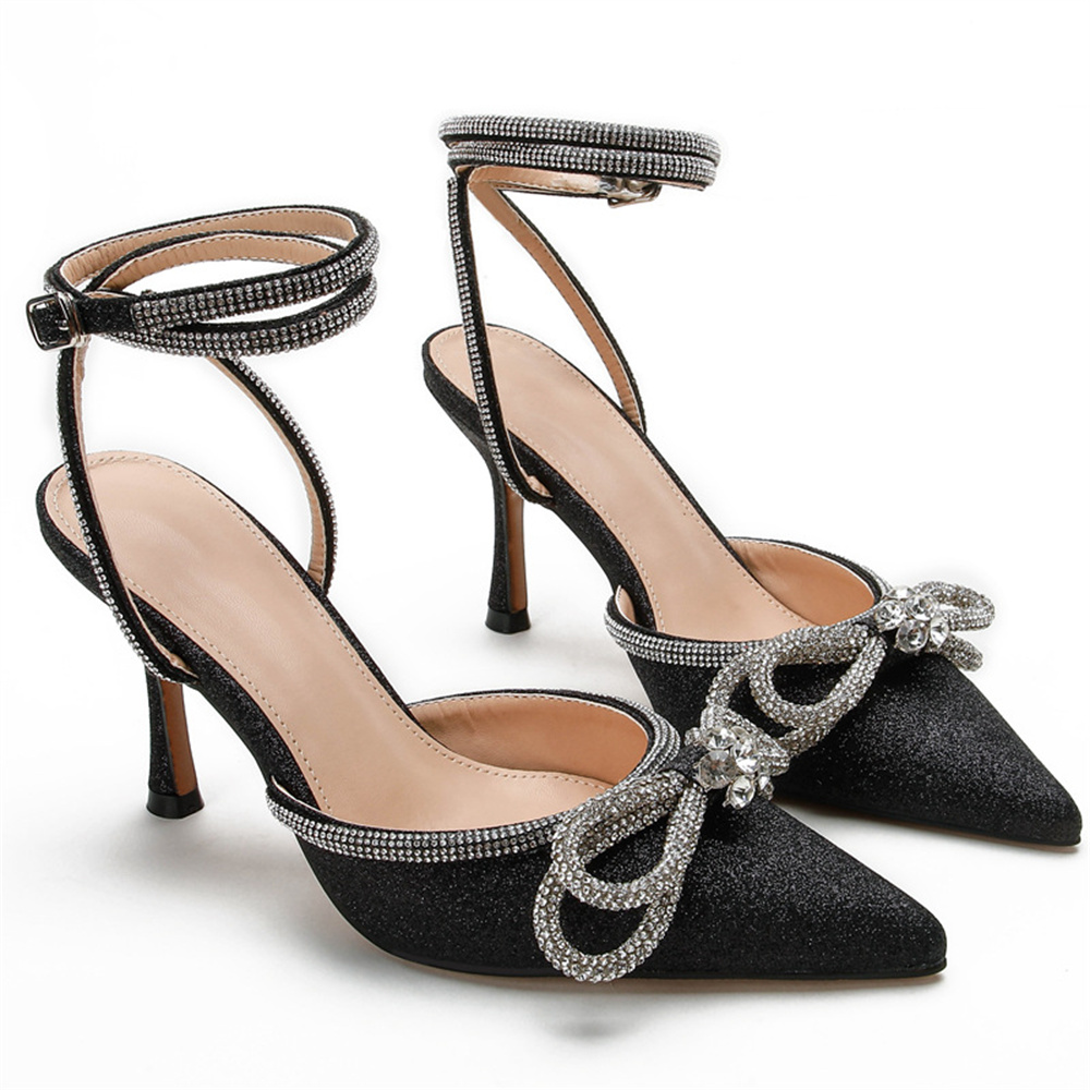 85mm Women's Stiletto Heel Ankle Strap Glitter Pumps Pointed Toe Diamond High Heels Sandals Summer Banquet Daily Wedding Shoes-MERUMOTE