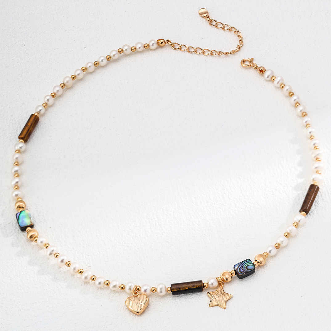 Heart Star Mixed Stone Pearl Gold Plated Beaded Necklace