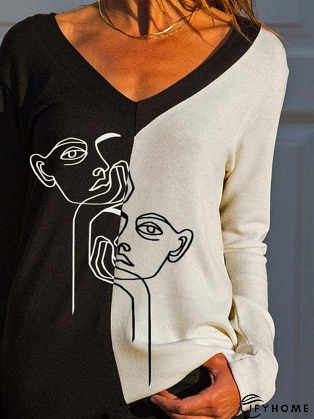 Black-white Art Printed Color Block V Neck Shift Casual Long Sleeve Tunic Top | IFYHOME