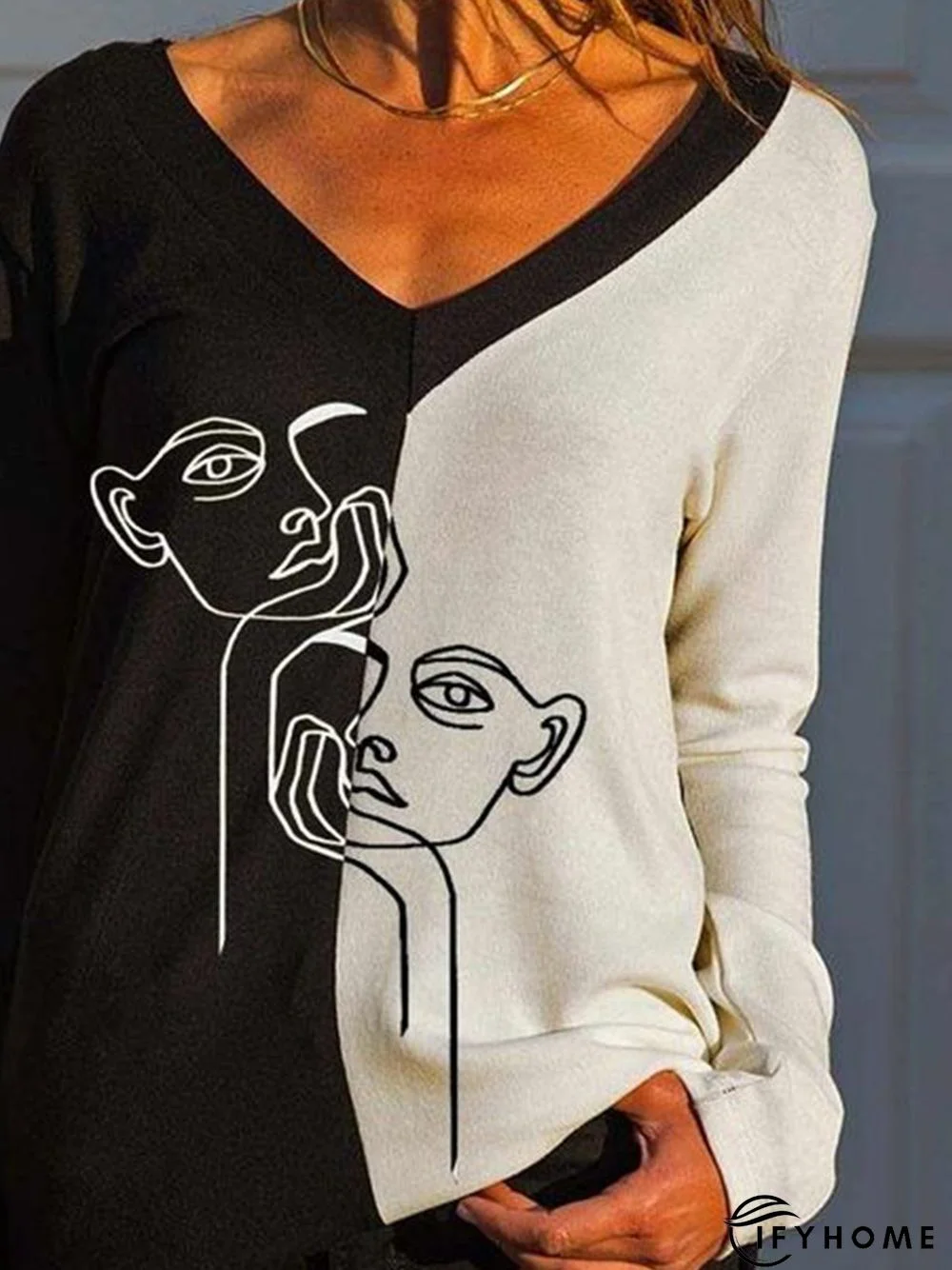 Black-white Art Printed Color Block V Neck Shift Casual Long Sleeve Tunic Top | IFYHOME