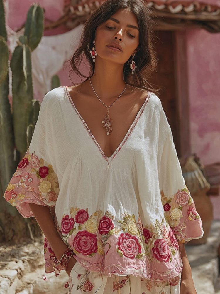 Women's Vintage Floral Art Embroidery Linen T-shirt Women's Vintage Floral Art Embroidery Linen T-shirt - Image 1