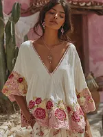 Women's Vintage Floral Art Embroidery Linen T-shirt