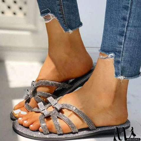 MidiSono - Bowknot Rhinestone Flats PU Slippers