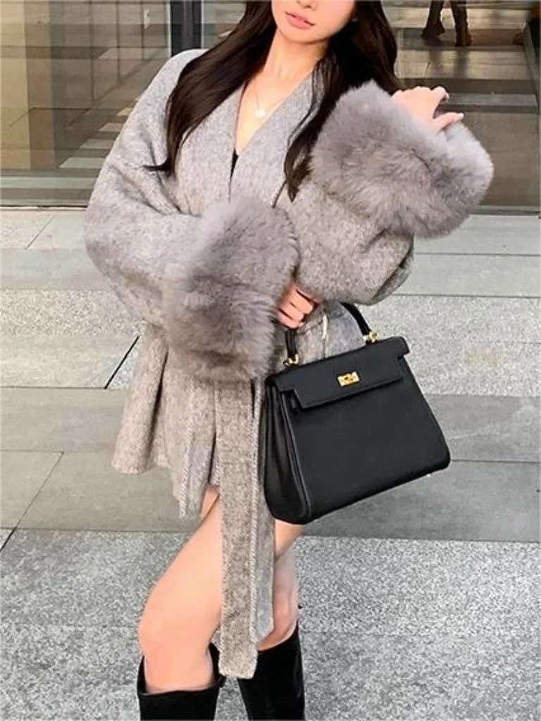 Brownm solid color faux fur coat with belt