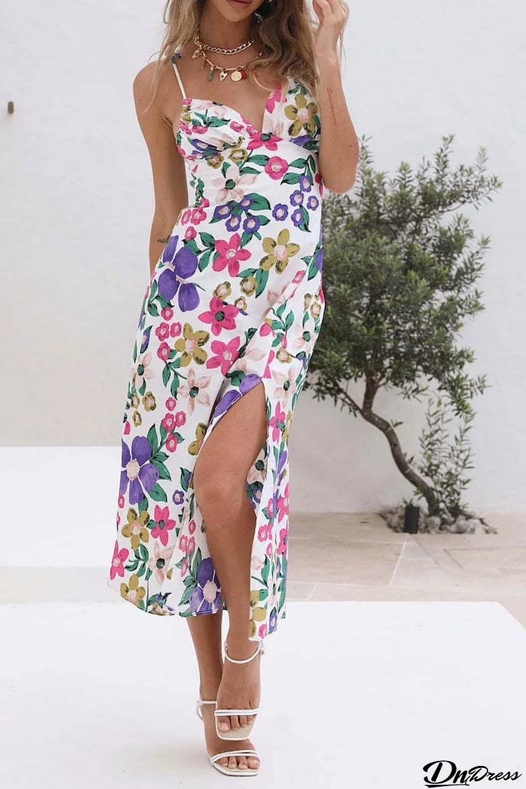 Floral Print Backless Side Slit Cami Dress