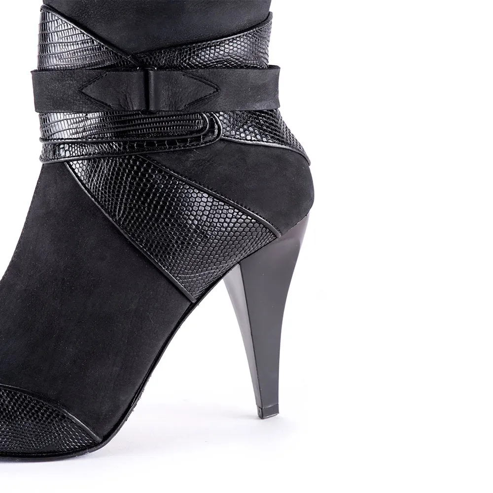 Black Closed Toe Cone Heel Knee-High Platform Boots Women
