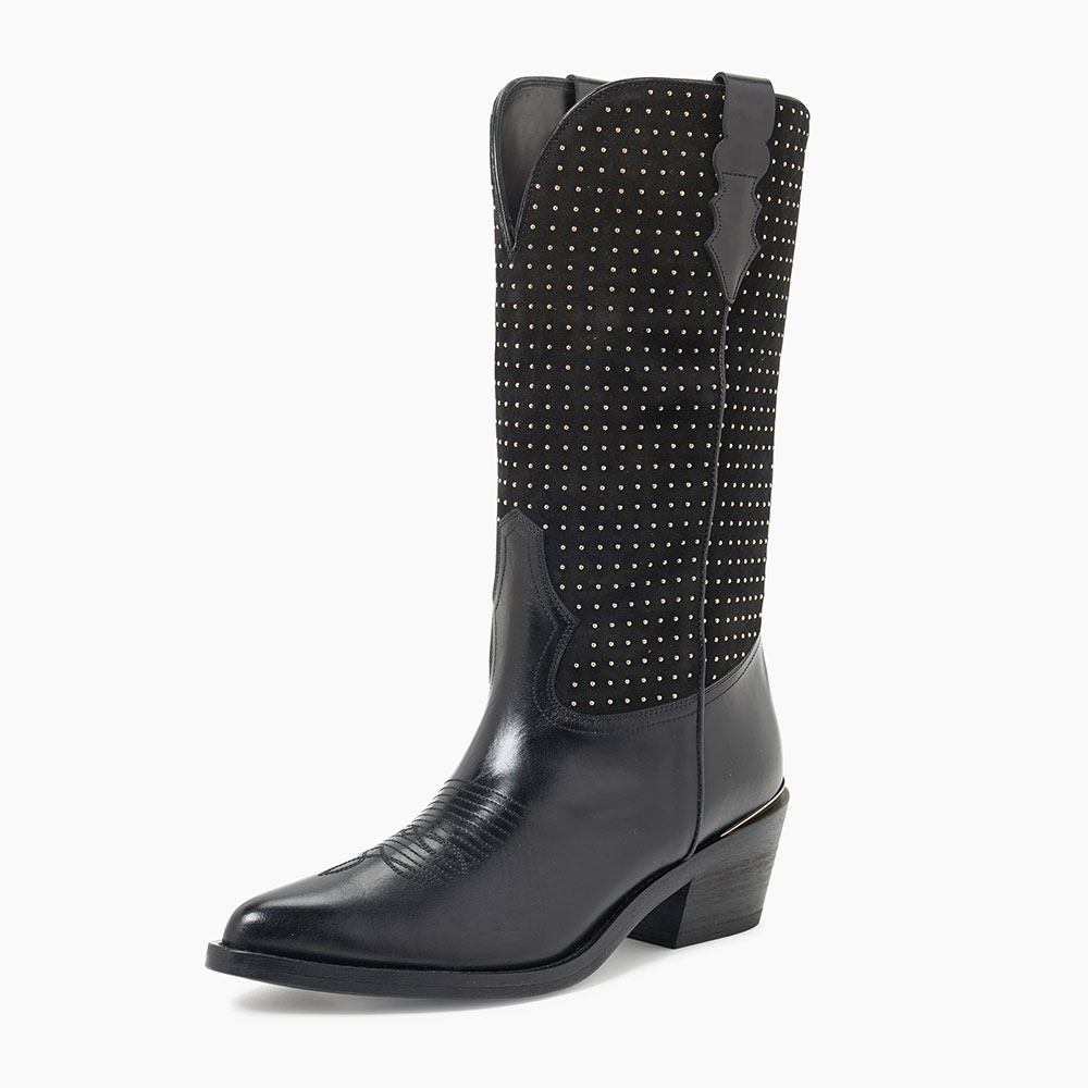 Black Pointed Toe Block Heel Studded Mid-Calf Western Boots for Women