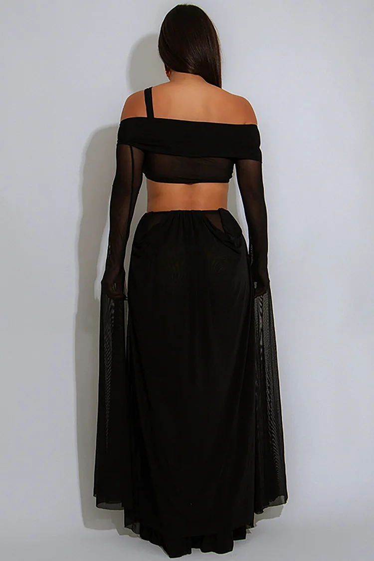 One Shoulder Sheer Long Flare Sleeve Cutout Mesh Maxi Dresses-Black