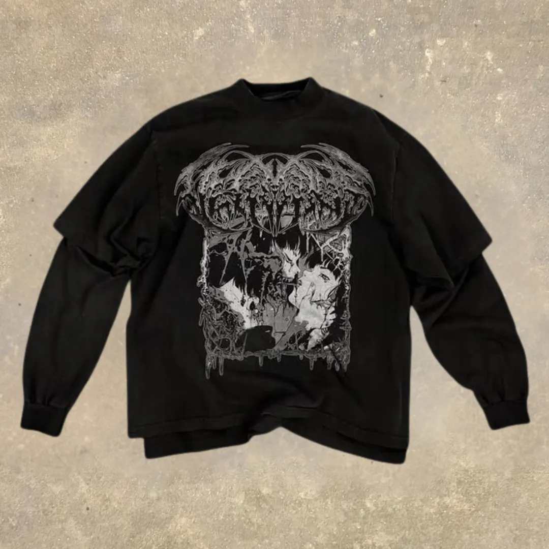 Men's Fake Two Dark Style Print Long Sleeve T-Shirt