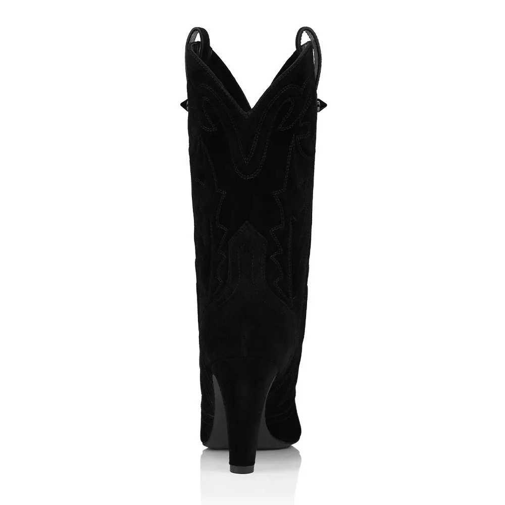 Black Cone Heel Embroidered Pointed Toe Cowgirl Boots for Women