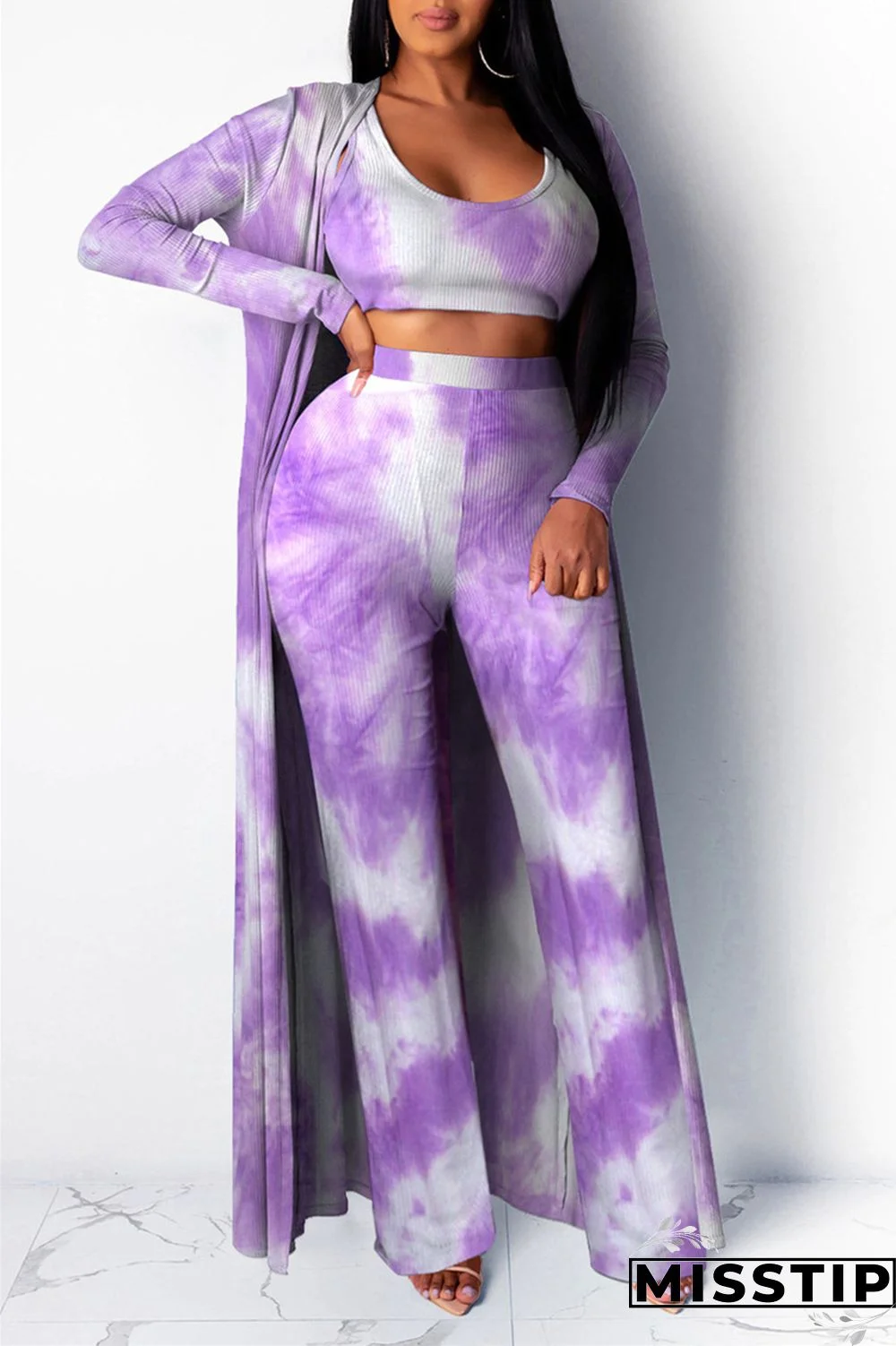 Deep Purple Fashion Casual Long Sleeve O Neck Regular Sleeve Print Tie Dye Three-piece Set