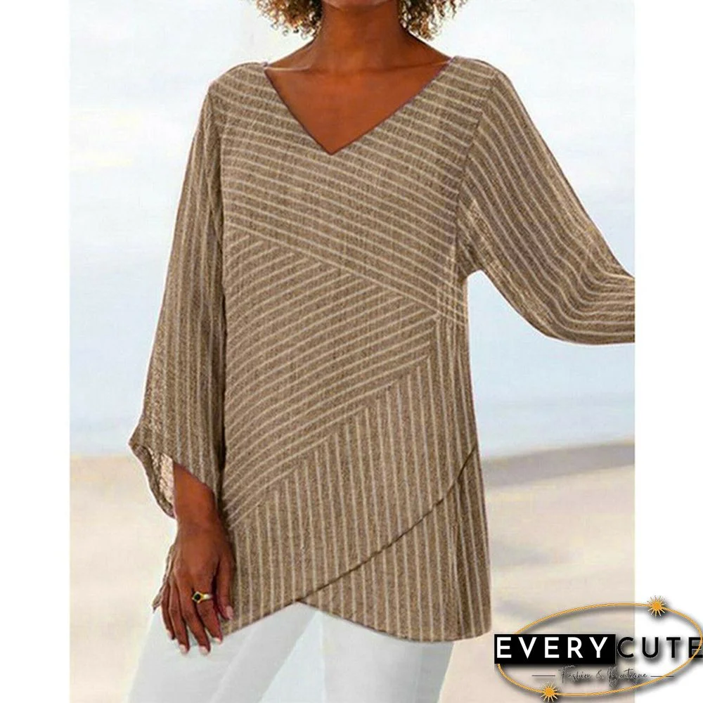 New Autumn Women Round Collar Striped Print Long Sleeve Irregular Hem Plus Size Tee Shirts(S-5XL)