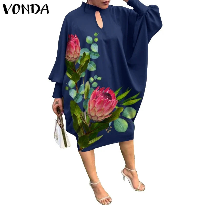 VONDA Women Dress 2022 Summer Spring Long Bat-Sleeve Solid Dresses Elegant Knee-Length Party Robe Ladies Bohemian Party Vestidos