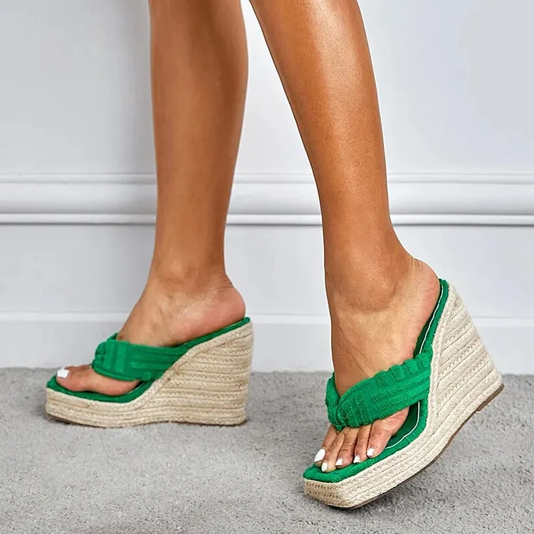 Liyke Green Corduroy Narrow Band 13.5CM Wedges Heels Slippers &ndash; Stylish Open Toe Platform Sandals for Women&rsquo;s Summer Dress Shoes
