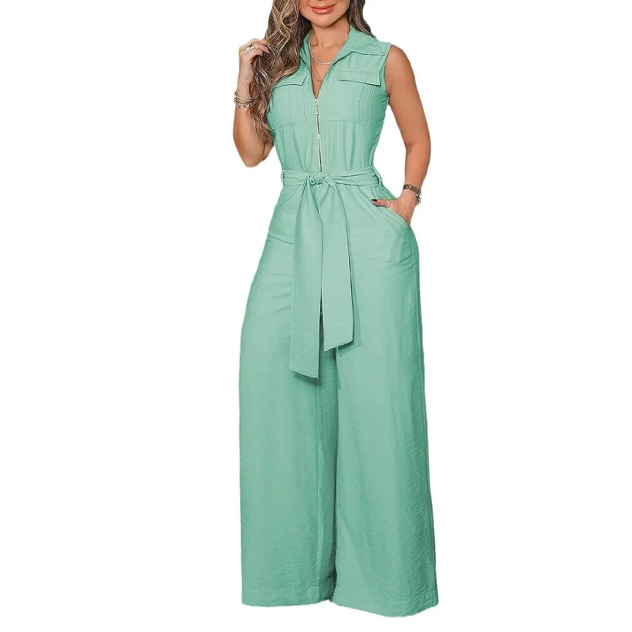 Wongn Wongn Women's Temperament Elegant Shirt Collar Sleeveless Solid Color Zipper Strap Wide Leg Jumpsuit