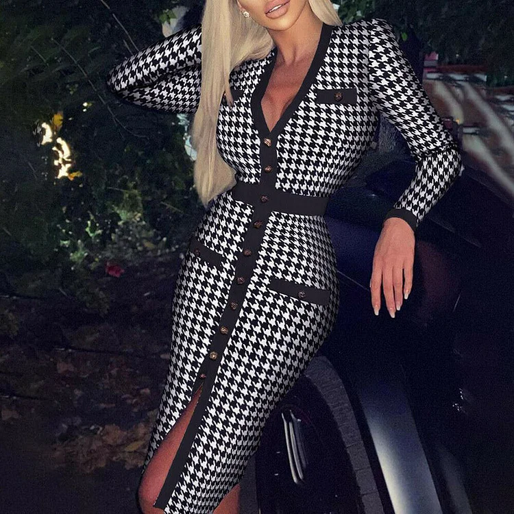 Fashion Vintage Print Sexy Deep V Neck Button Up Party Bodycon Dress