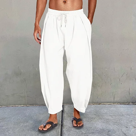 Men's Cotton Linen Drawstring Cropped Casual Harem Pants-inspireuse