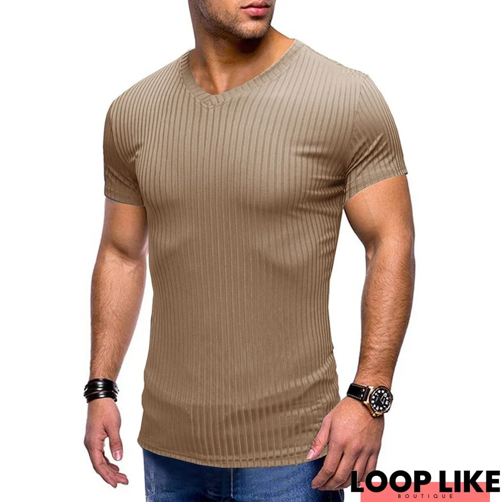 Short Sleeve T Shirt Men's Slim V Neck Top Ice Silk T-Shirt