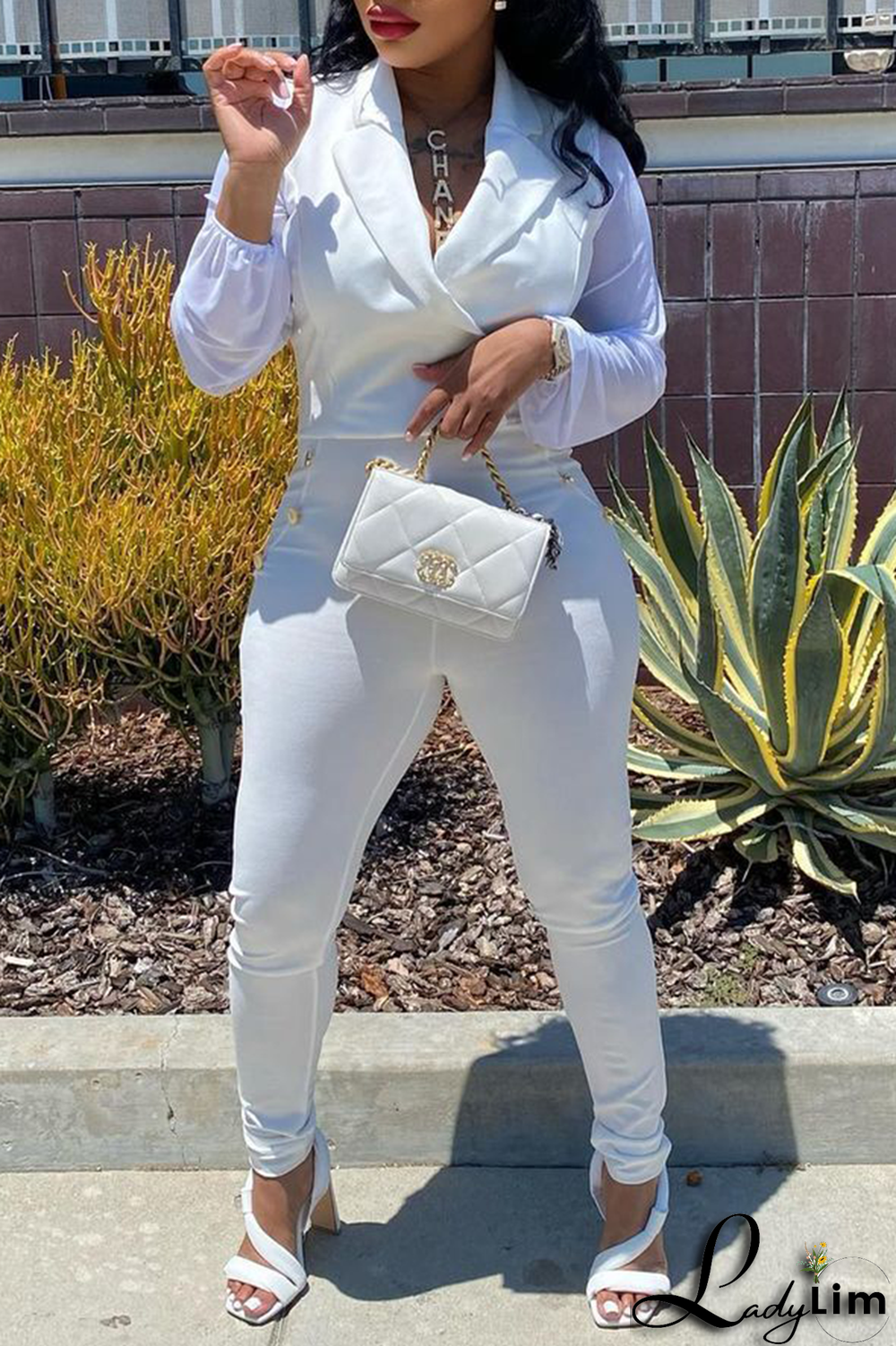 White Fashion Solid Patchwork Turndown Collar Regular Jumpsuits