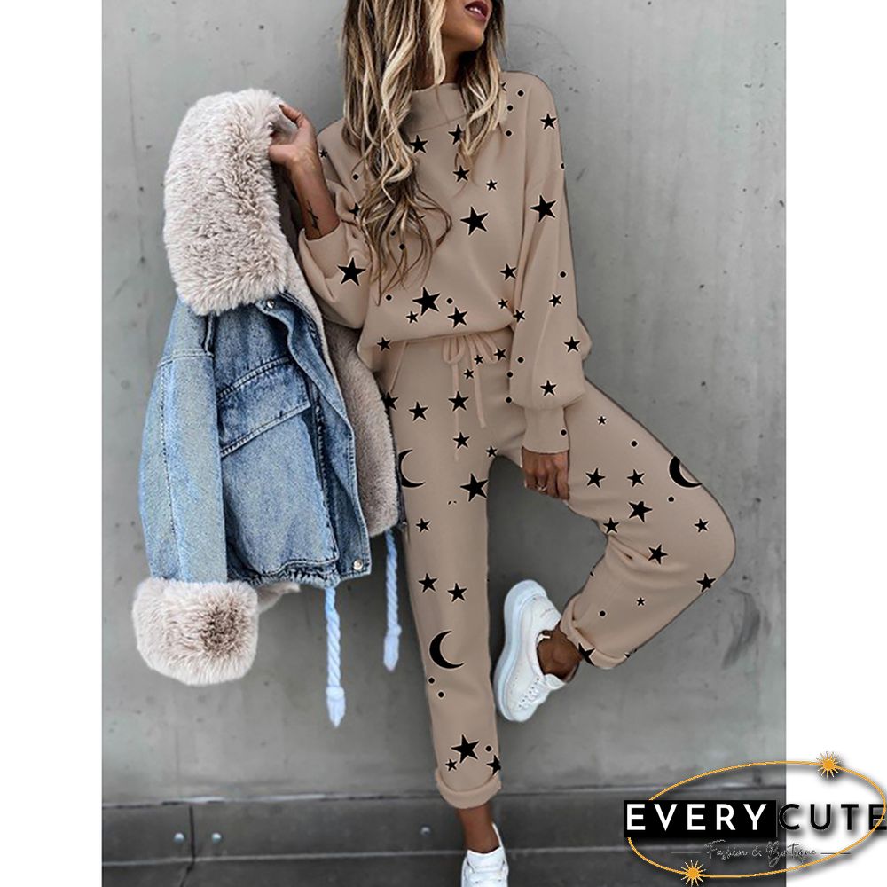 Khaki Stars Print High Collar Long Sleeve Top with Pant Set