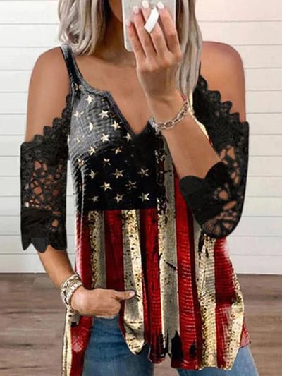 American Flag Star Striped Lace Cold Shoulder Blouse - Black