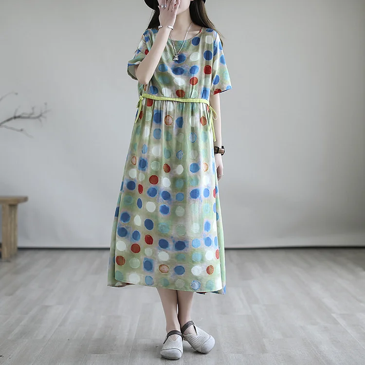 Vintage Print Short Sleeve Midi Dress