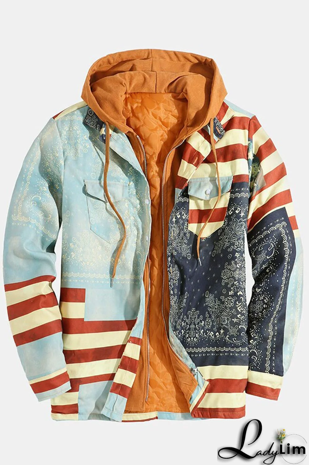 Multicolor Fashion Casual Print Split Joint Hooded Collar Outerwear