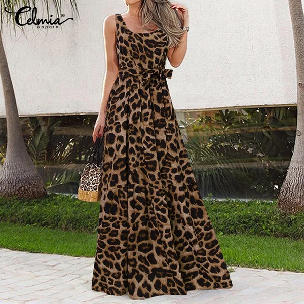 Loose Long Dress Ladies Sleeveless Robes Fashion Leopard Holiday Beach Maxi Sundress With Belt