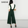 SHEIN Green Preppy Solid Wide Leg Pants Elastic Waist Ruffle Strap Calf Length Jumpsuit Women Summer Office Workwear Jumpsuits
