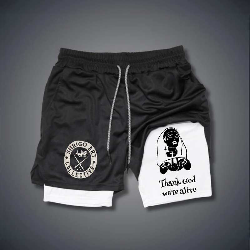 THANK GOD WE'RE ALIVE Graphic Print GYM PERFORMANCE SHORTS