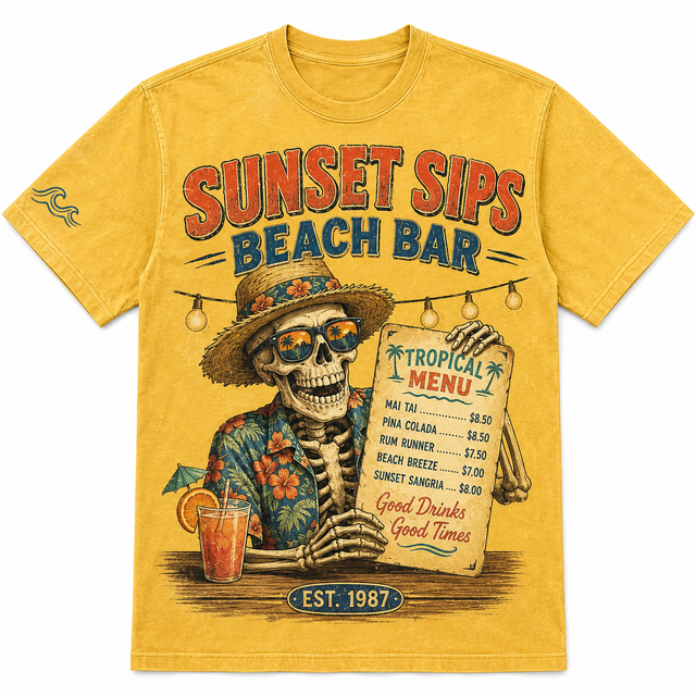 Surf Sunset Sips Menu Cotton T-Shirt