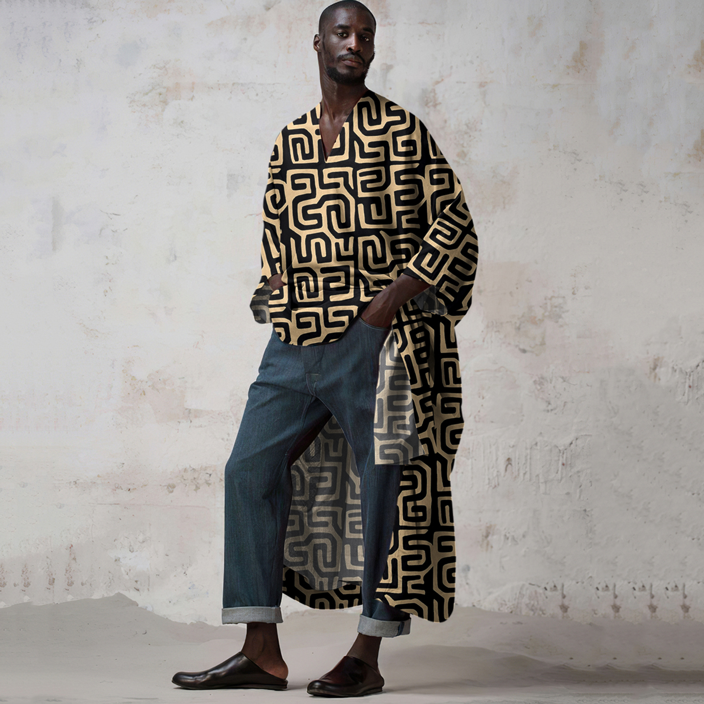 Vintage Black Pride African Line Art Style Linen V-neck Long Kaftan