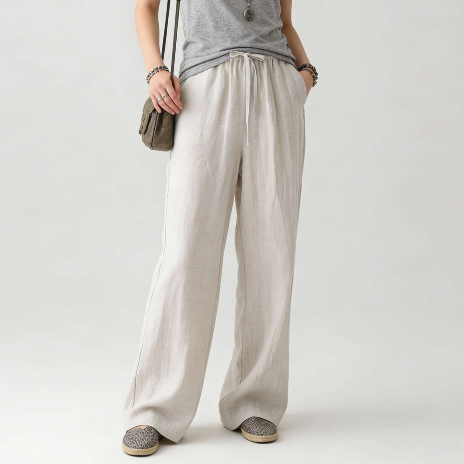 Linen Pants Women 100% Linen Drawstring Wide Leg Trousers Breathable Cooling REAL SILK LIFE