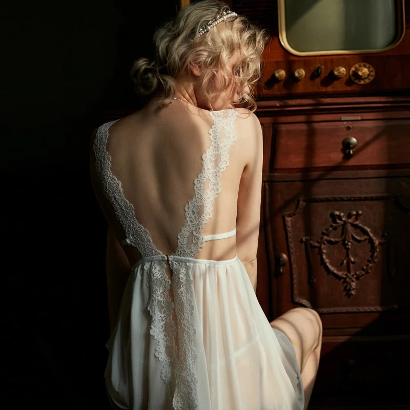 TERMEZY Summer Womens Sleepwear V-Neck Sexy Nightdress Casual Nightgown Comfortable Lace Solid Color Bifurcation Nightwear