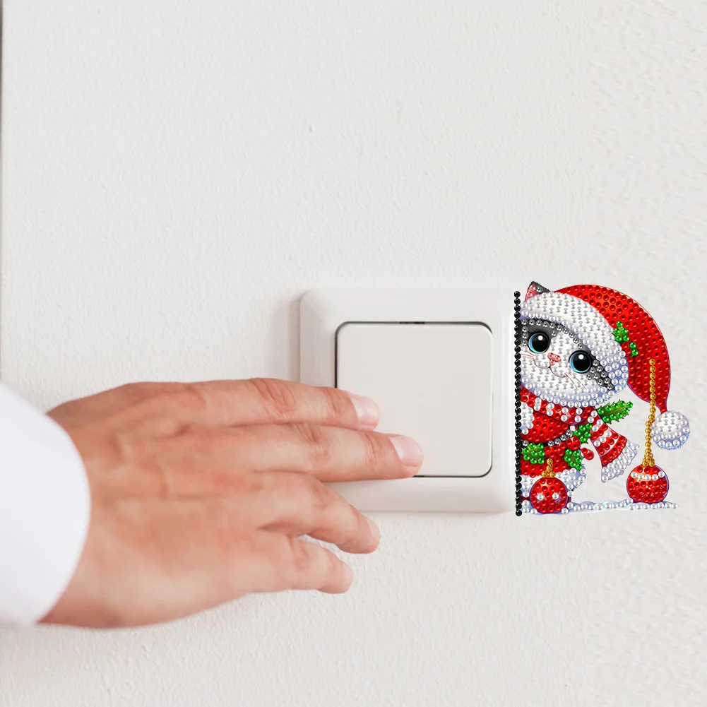 5D DIY 4Pcs Christmas Cat Acrylic Diamond Wall Switch Sticker for Wall Decoration