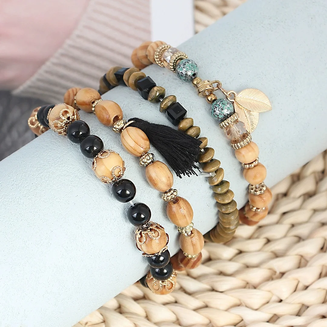 African Tribal Wooden Beads Bracelet Four Piece Set