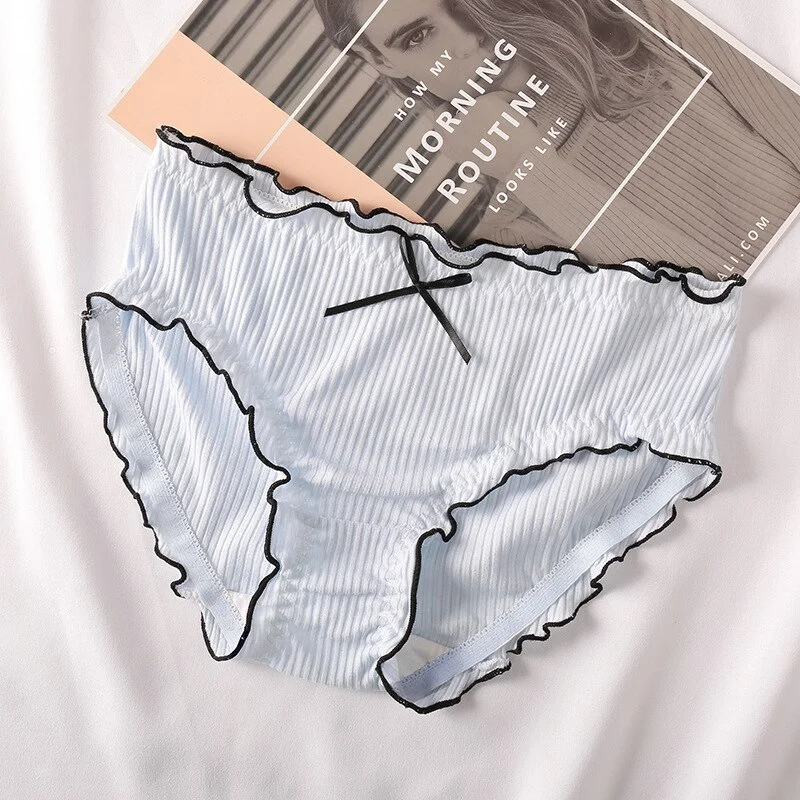 Billionm Japan Style Briefs Sexy Comfort Cotton Mid Waist Women Panties Lovely Bow Stripe Lingerie Solid Health Sleep Underwear