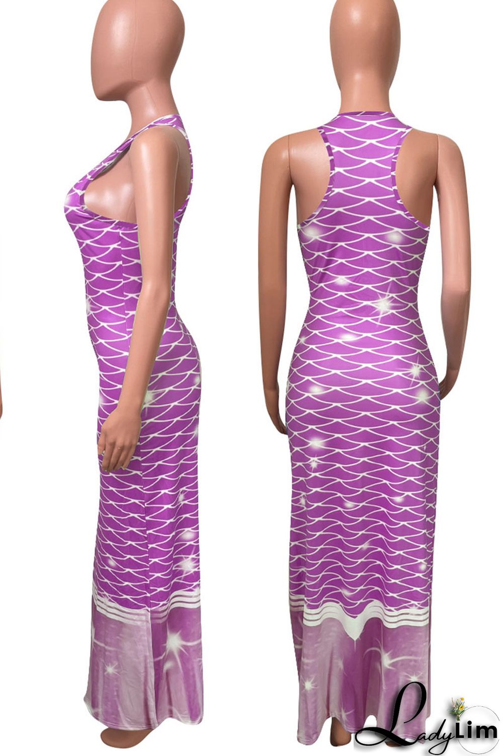 Tangerine Red Casual Print Split Joint U Neck Vest Dress Dresses