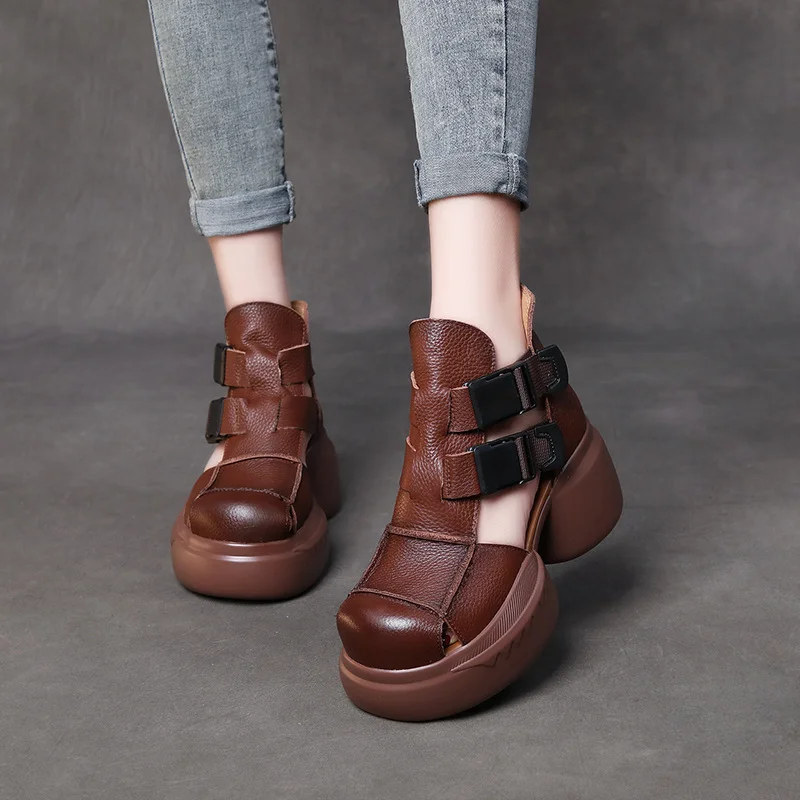 Yyvonne Thick-Soled Sandals Women's Head Cow Skin Retro Art Big Head Slope And Cool Slippers Tide Hollow Loose Cake Shoes