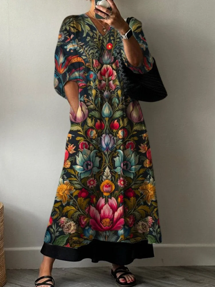 Vintage Symmetrical Floral Pattern Printed Women's Pocket V-Neck Cotton Dress