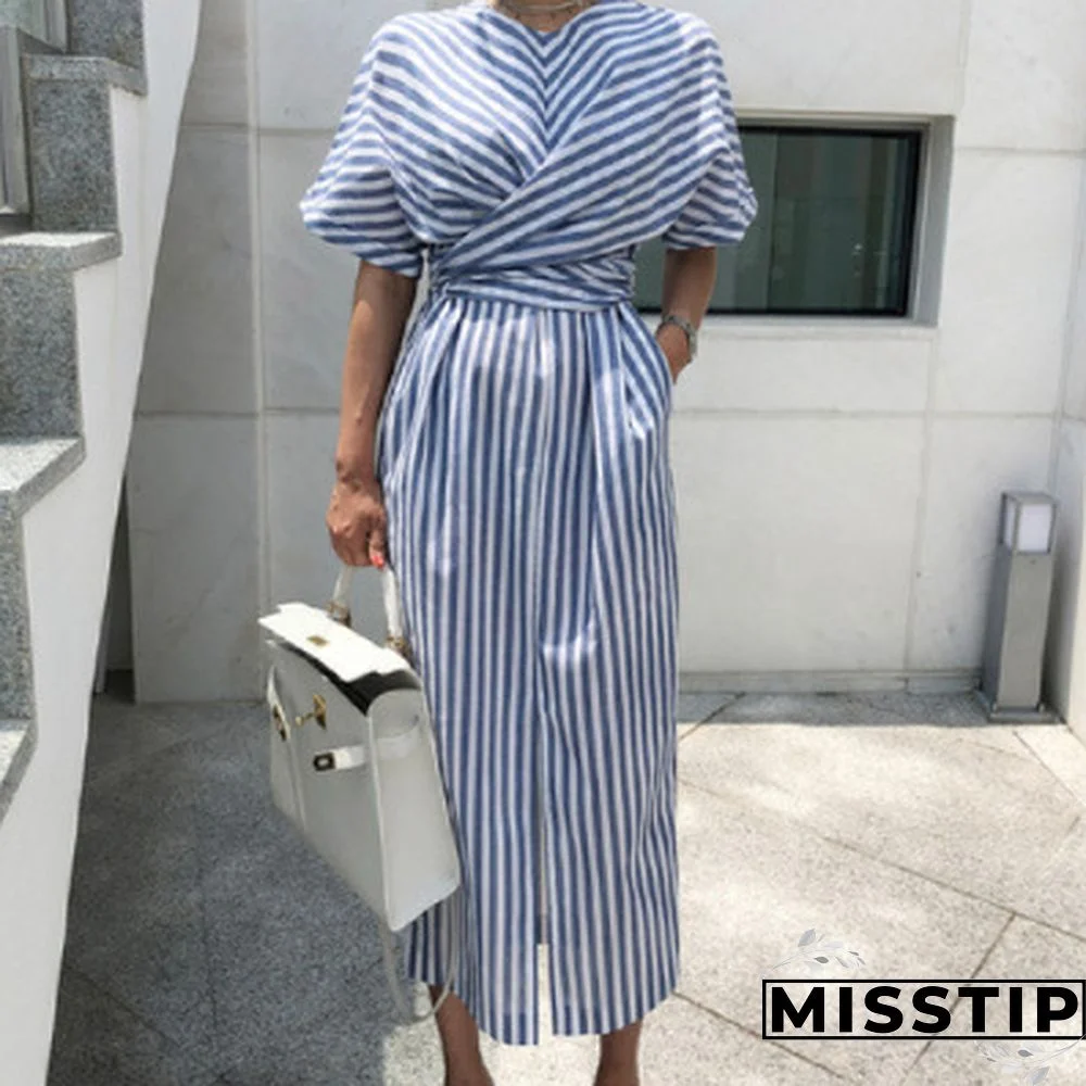 Fashion Striped Cross Lace-up Dress Waist Front Split Skirt