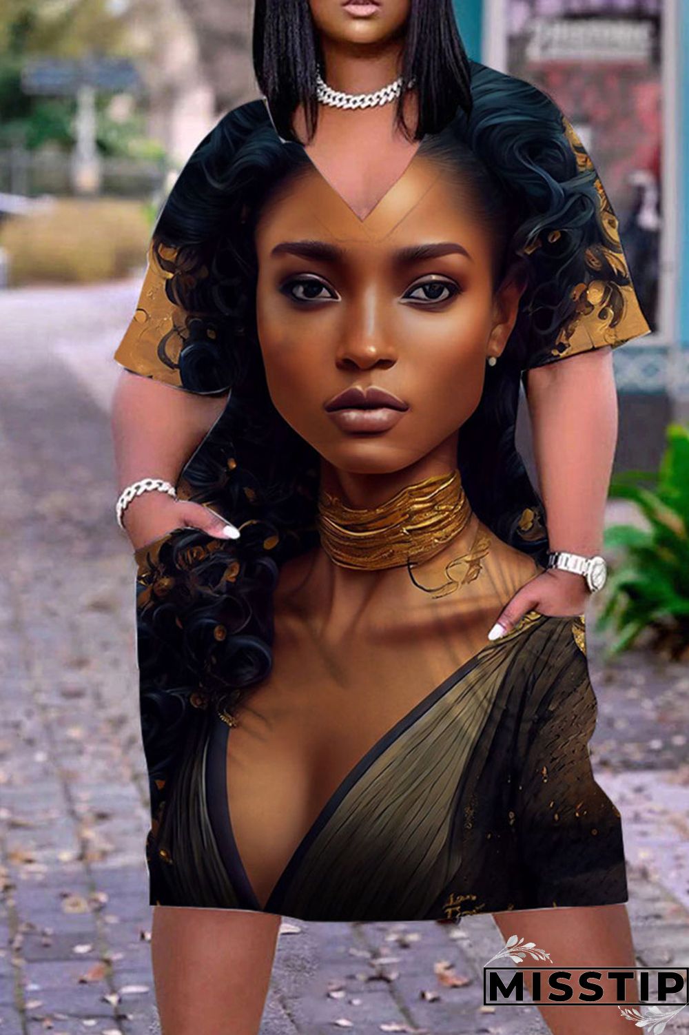 Olive Green Casual Print Patchwork V Neck Straight Dresses