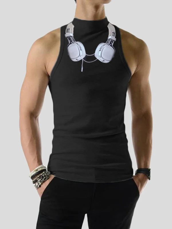 Aonga - Mens Headphone Print Half-Collar Knit Tank Vest