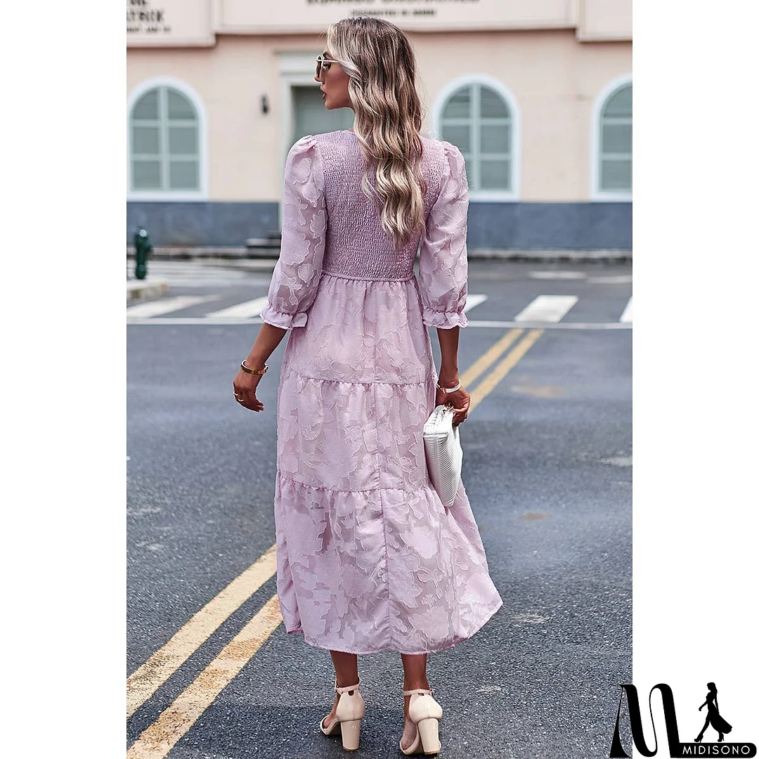 MidiSono - Solid Floral Ruched Color Block Ruffle Full Dress