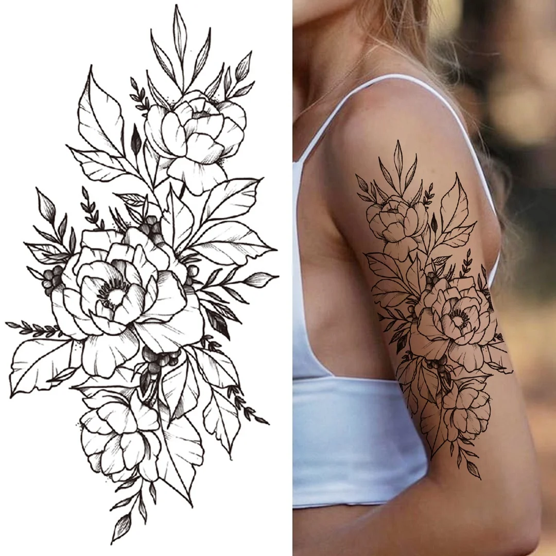 Black 3D Rose Temporary Tattoo For Women Girls Adult Peony Dahlia Flower Tattoos Sticker Black Flora Glory Geometric Arm Tatoos