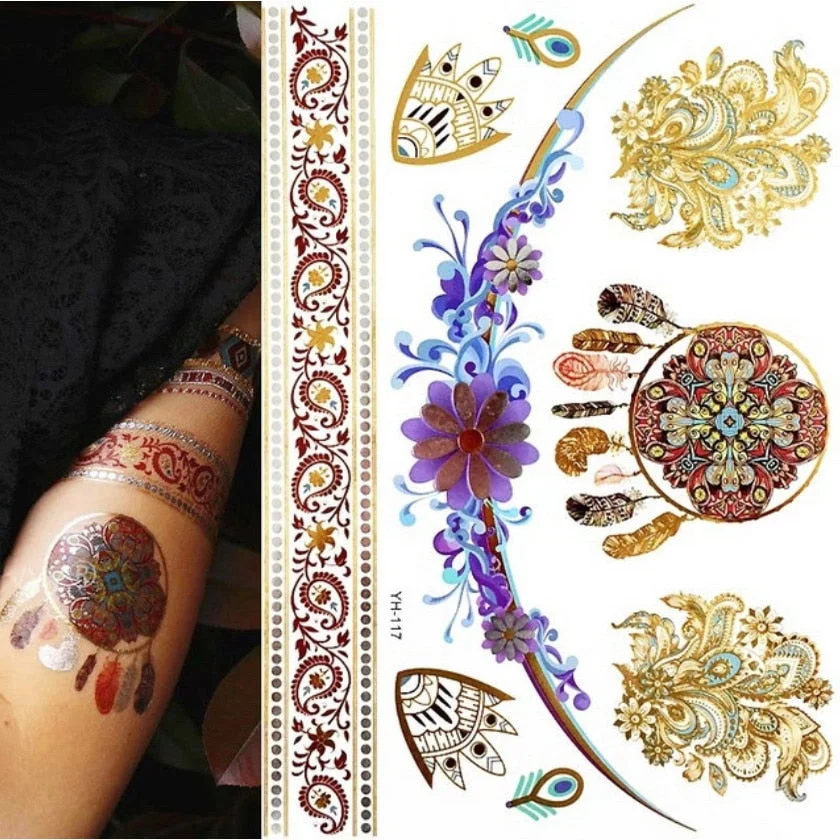 Women Body Art Gold Silver Metallic Tattoo Sticker Chain Bracelet Fake Jewelry Waterproof Temporary Tattoo Arm Sleeve Hand Wrist