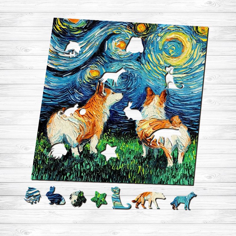 Jeffpuzzle™-JEFFPUZZLE™ Van Gogh Starry Sky - Corgi Wooden Puzzle