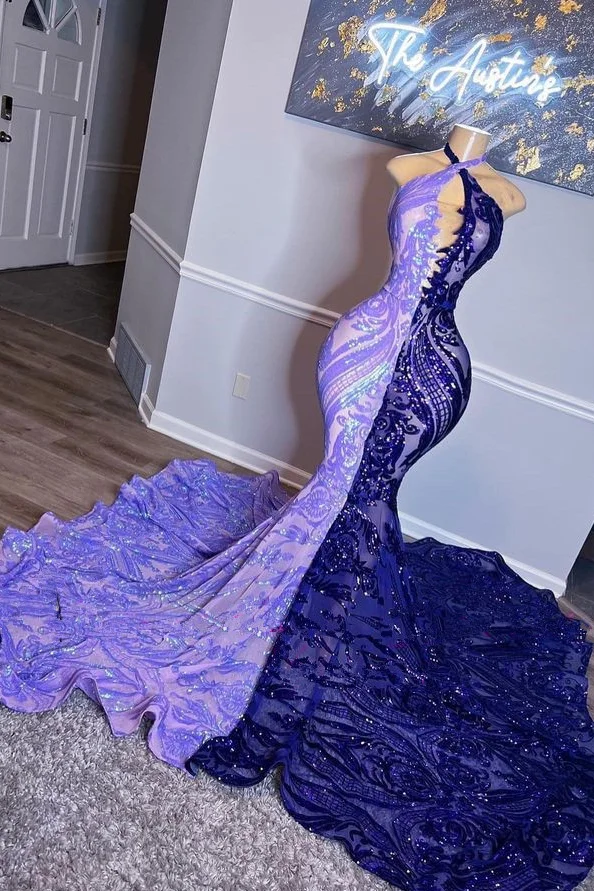 Purple Halter Sequins Mermaid Prom Dress Beaded With Appliques | Ballbellas Ballbellas