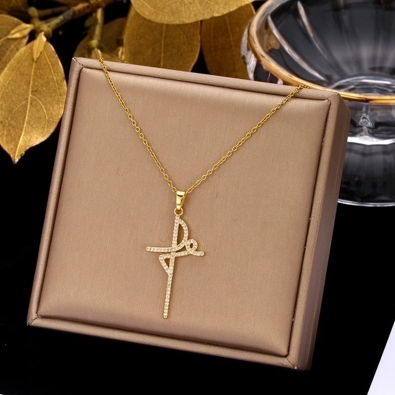 2 Pieces Ethnic Style Cross Stainless Steel Inlay Zircon Pendant Necklace